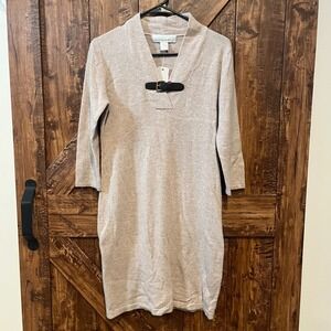 Ply Cashmere Petite Women's 3/4 Sleeve Knit Sweater Dress Buckle Detail Beige